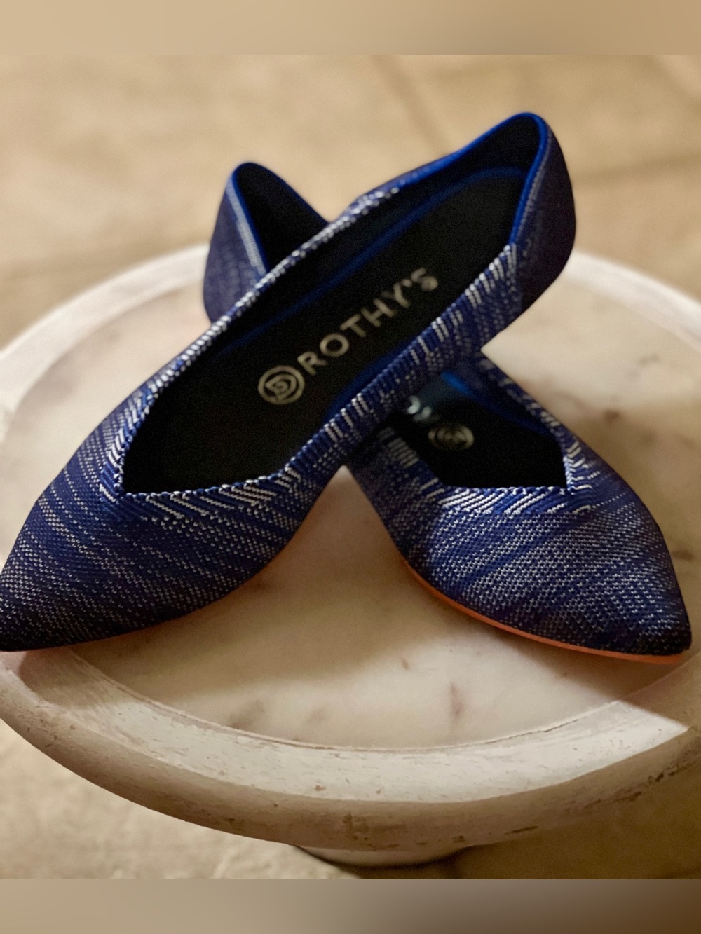 Rothy’s Point RETIRED Flats Bright  Blue Birdseye w Space-dye Orange Sole - Sz 9